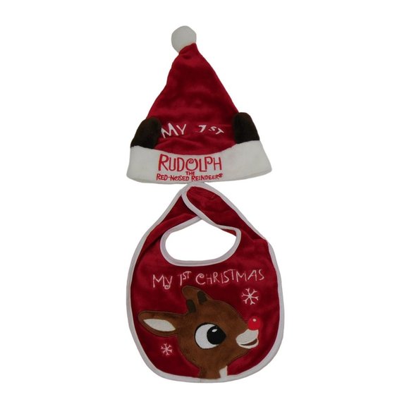 Santa Hat & Bib My 1st Christmas Rudolph The Red Nosed Reindeer DanDee - Picture 1 of 8